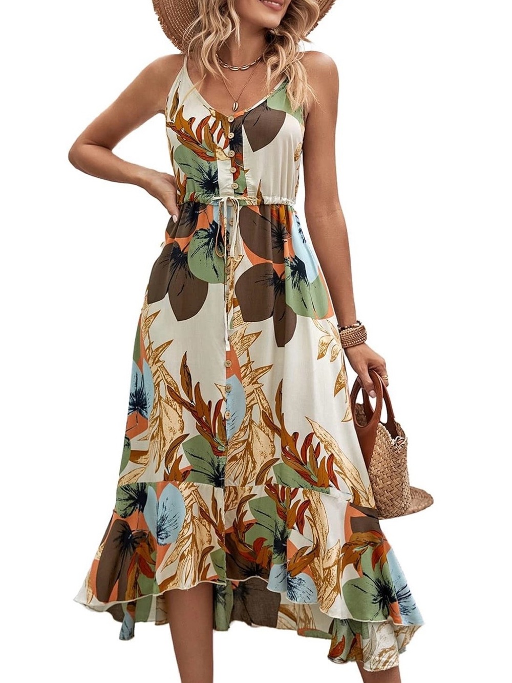 Beautiful BOLD Floral & Leaf Print Glowy Boho Bohemian Sun Dress Sundress Med